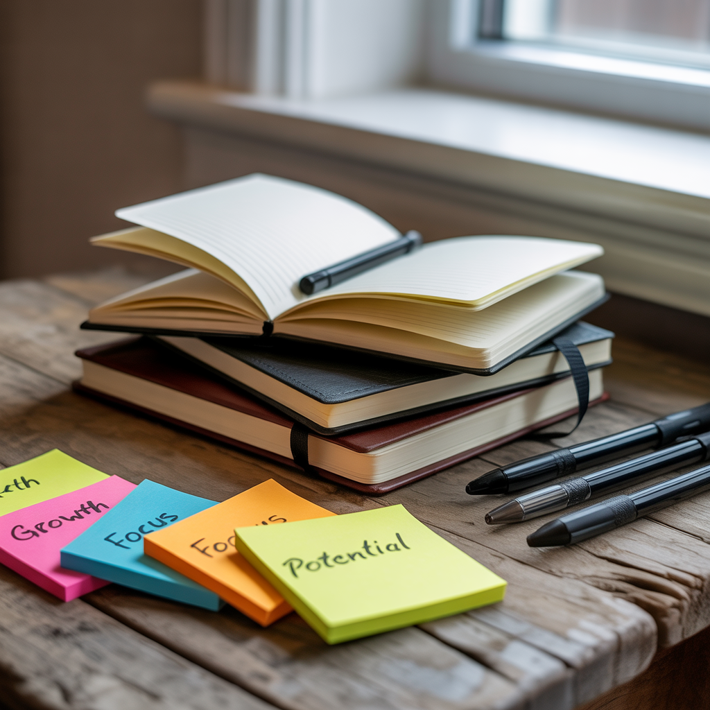 Matériel de coaching, carnets et notes inspirantes sur un bureau